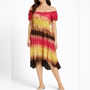 Vtg PINK CATTLELAC Ombre Tie Dye Off Shoulder Hi-Low Peasant Festival Dress